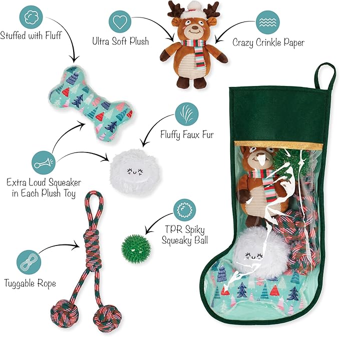 Fringe Studio Pet Toy, Happy Pawlidays Dog Toy Stocking 6 Piece Set, PetShop Collection (630020)