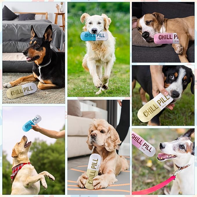 CUweipeng Squeaky Dog Chew Toys - 3Pcs Chill Pill Capsule Teething Squeak Small Plush Dog Toy Keep Them Busy Aggressive Chewers Bite Kick Interactive Training Play Pet Lover Gifts Present Photo Props