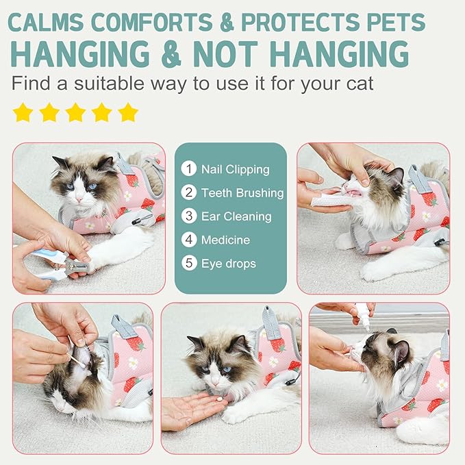 Supet Cat Grooming Hammock Harness for Nail Trimming, Cat Grooming Hanging Sling for Nail Clipping, Pet Restraint Holder for Cutting Nails, Medicine, Ear & Teeth Cleaning, Eye Care (Strawberry M)