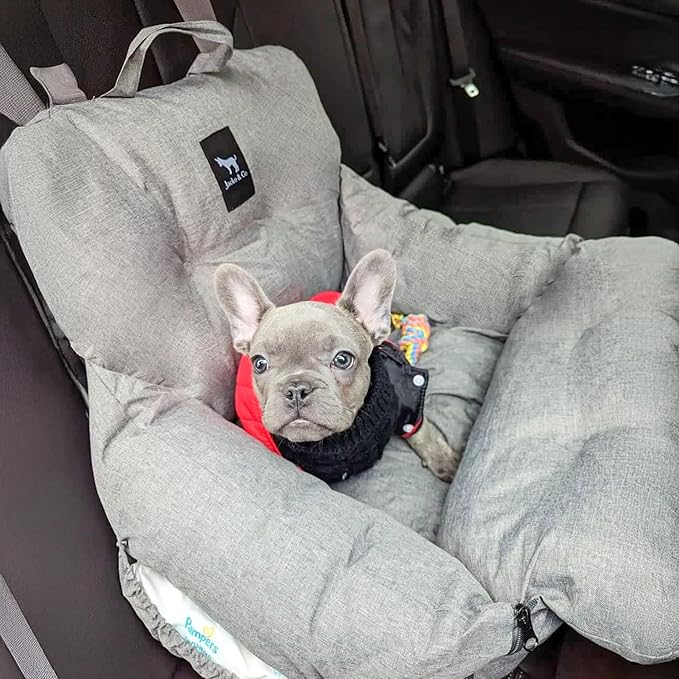 JACKO & CO Premium Dog Car Seat – Safe & Cozy Travel Bed Carrier for Small Dogs, Puppies, Pets, Clip-On Leash, Storage Pockets, Water-Resistant, Machine Wash (Grey, Standard Small (1-25lbs))