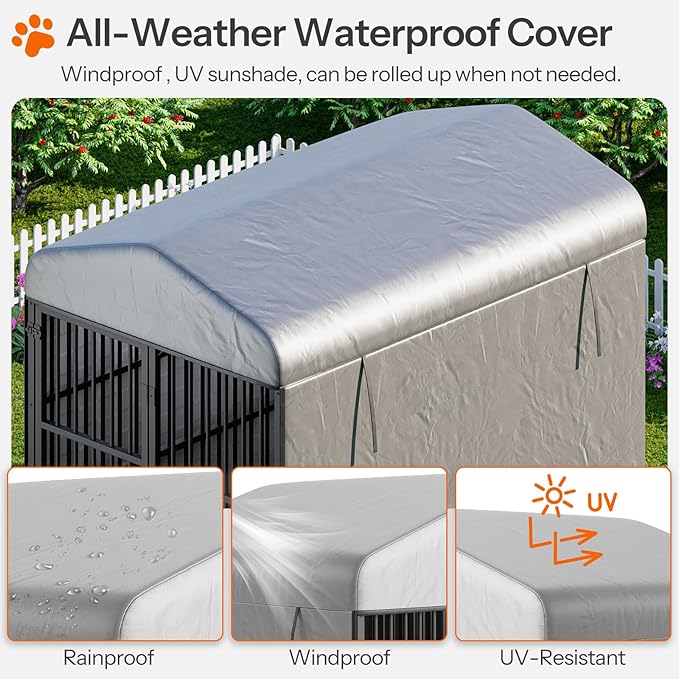 HOOBRO Dog Kennel Outdoor with Cover, 6.6 x 3.9 x 5.9 ft Dog Kennel Outside with Waterproof Roof and Rotating Feeding Bowls, Heavy-Duty Large Cage Enclosure, for Medium & Large Dogs, Black BK212GW03