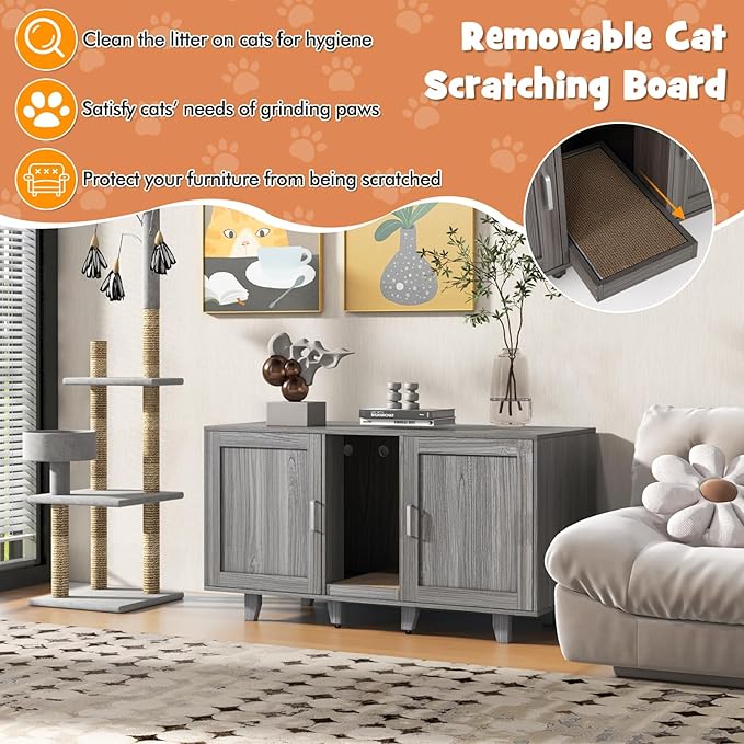Giantex Cat Litter Box Enclosure - Cat Washroom Hidden Furniture, 2 Storage Cabinets, Removable Cat Scratcher, Air Vents, Detachable Legs, Wood Pet Crate Indoor Cat House TV Stand (Gray)