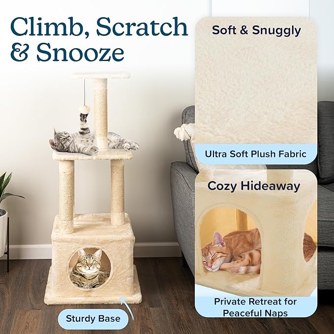 44 Inch Tall Cat Tree Tower - Cat Tower with Napping Perches, Kitten Condo, 4 Rope Scratching Posts, and Hanging Toy - Multi-Level Kitten Tree and Climbing Activity Furniture by PETMAKER (Beige)