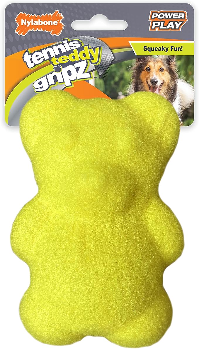 Nylabone Power Play Tennis Ball Teddy Bear Gripz Felt Rubber Fetch Toy, Squeaky Toys for Dogs, Medium (1 Count)