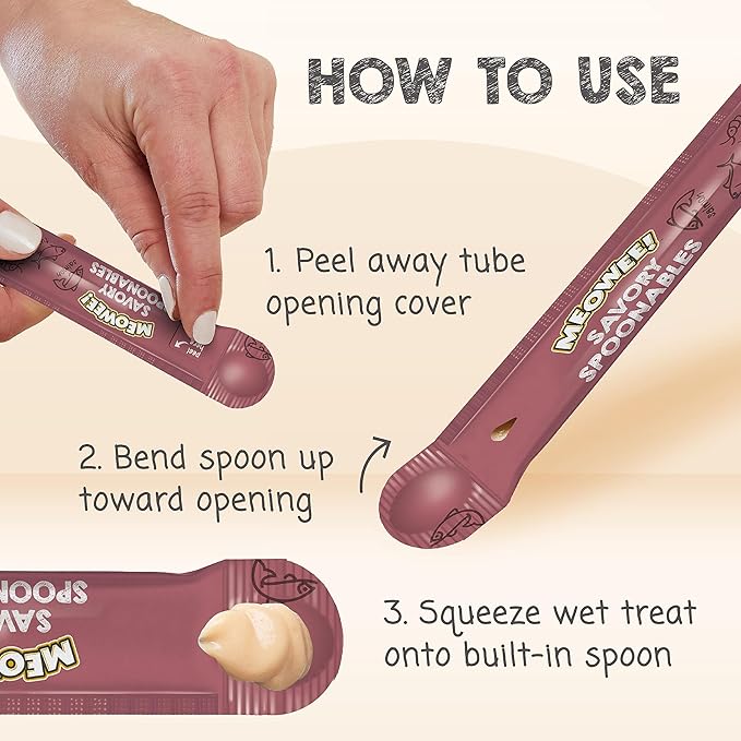 MEOWEE! Savory Spoonables with Real Salmon, Tuna & Krill, 8 Count Tube, Triple Flavor Squeezable Lickable Wet Treats for Cats with Built-in Spoon for Less Mess