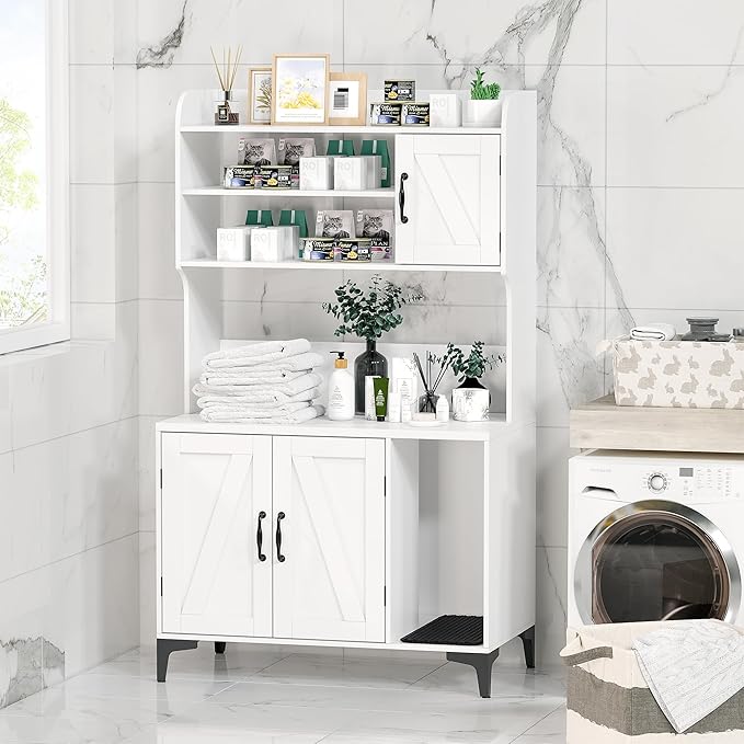 Garvee Cat Litter Box Enclosure with Shelves,Hidden Cat Box Furniture,Litter Box Cabinet with Scratching Mat,Wood Sturdy Cat Washroom Storage Indoor, White