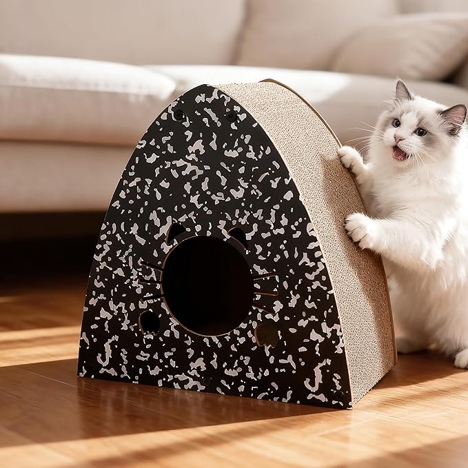 CSR1006B Koko 19" Modern Cardboard Triangle Cat Cave Scratcher with Catnip, 2-in-1 Corrugated Cat House Hideaway & Scratching Board for Cats, Durable Furniture Protector, Space-Saving