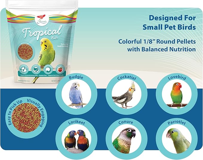 Scenic Tropical Bits Small Pet Bird Food - 3.5 lb (2 x 1.75 lb Bags) - 1/8" Bird Pellets - Complete Nutrition for Cockatiels, Budgies, Lovebirds, Conures & Lories