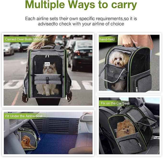 Large Cat Backpack Carrier Expandable Pet Carrier Backpack for Small Dogs Medium Cats Fit Up to 18 Lbs,Dogs Foldable Puppy Backpack Carrier for Travel, Hiking,Grey with Green Edge,L