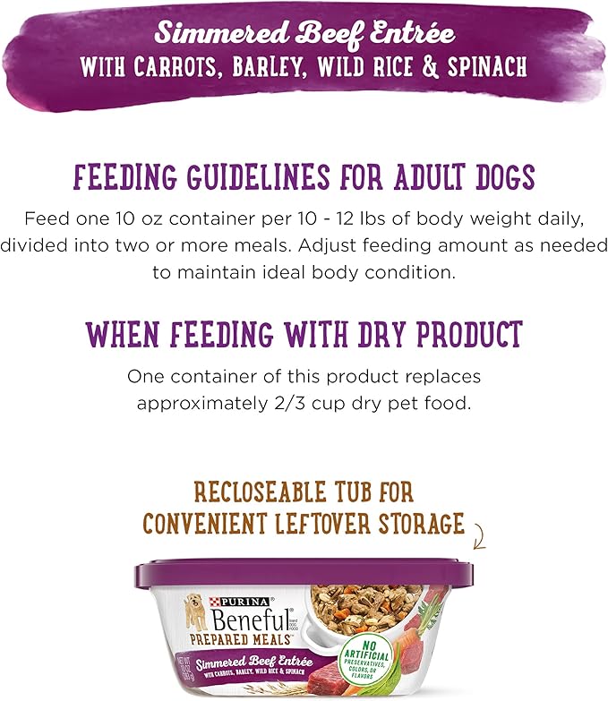 Beneful Purina Dog Food Freshly Prepared Meals Simmered Beef Entree with Carrots, Barley, Wild Rice and Spinach - 10 oz. Tubs, 8 Count (Pack of 2)