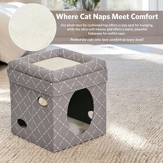 MidWest Homes for Pets Feline Nuvo Curious Cat Cube, Foldable Cat Hideout with Toy, Bolstered Bed Top, Mushroom Diamond, Faux Fur