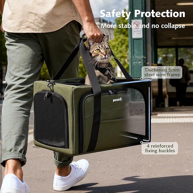 Pecute Cat Carrier Expandable, Stable Pet Carrier with 5mm Thick Steel Wire Frame, Dual-Side 200% Larger Space, Car Travel Carrier with Locking Zippers & Belt, Foldable for Storage,Green