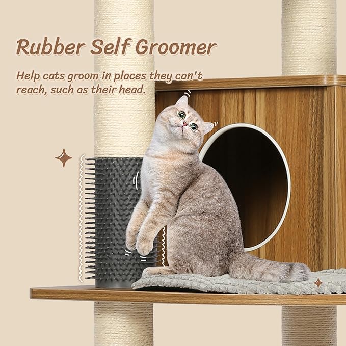 KAMABOKO 69”H Tall Wood Cat Tree, Large Cat Tower Multi-Level Platforms with Sisal Scratching Posts, Cat Condo for Large Cats 20 lbs Heavy Duty (69” H Wood Brown)