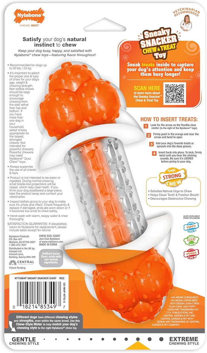 Nylabone Strong Chew Sneaky Snacker Treat Toy for Dogs, Interactive Dog Enrichment Chew Toys, Bacon Flavor, Large/Giant - Up to 50 lbs. (1 Count)