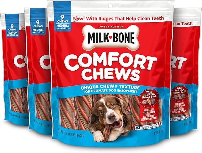 Milk-Bone Comfort Chews, Dog Treats with Unique Chewy Texture and Real Beef, 9 Chews (Pack of 4)
