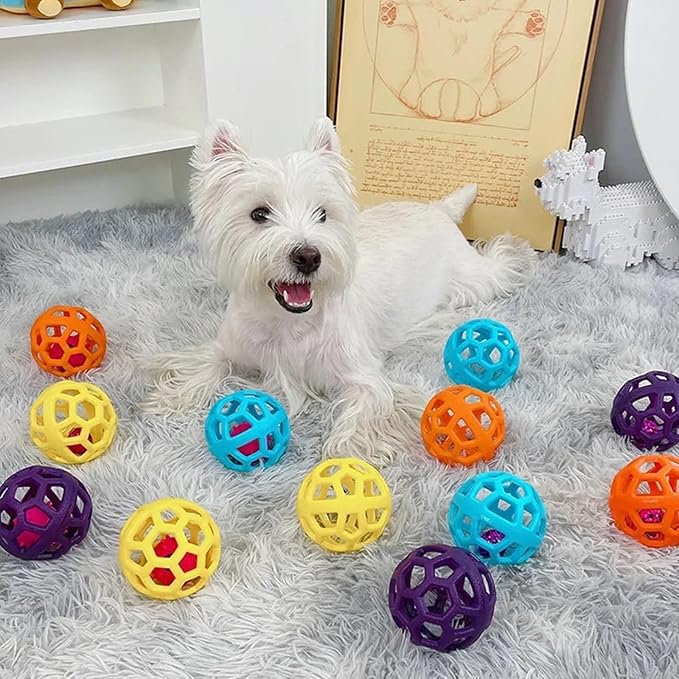 Dog Chew Toys with Bell Sound, 3 Rubber Bouncy Ball for Medium/Large Dogs, Interactive Fetch Ball Teeth Cleaning&Training, Hollow Design with Internal Bells (Purple)