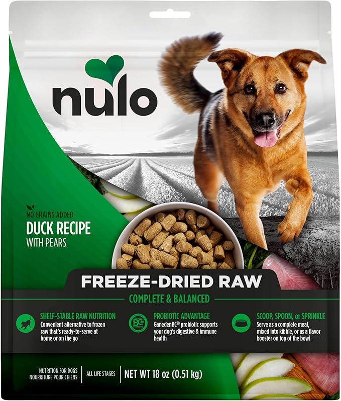 Nulo Freeze-Dried Raw Duck Recipe with Pears Complete and Balanced Dry Dog Food Kibble, 18 Ounce Bag