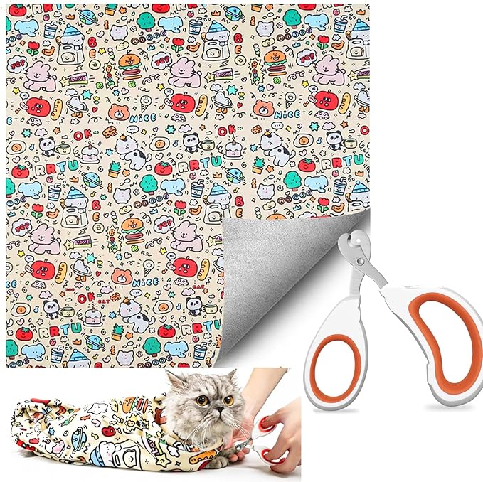 Cat Wrap for Cutting Nails, Self-Adhesive Cat Grooming Wrap Anti-Escape Anti-Scratch Calming Cat Swaddle Wrap for Nail Clipping, Medicine, Ear Cleaning, Multifuctional Pet Tool for Cat-Owner, Vet