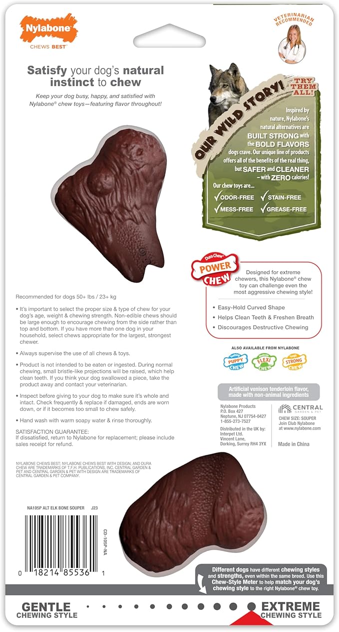 Nylabone Elk Bone Alternative Power Chew Toy for Dogs, Dog Toys for Aggressive Chewers, Venison Flavor, X-Large - 50+ lbs, 1 Count