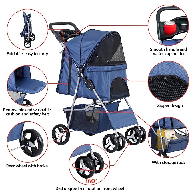 4 Wheels Foldable Pet Dog Cat Jogger Stroller Travel Carrier Strolling Cart w/Waterproof Cover Storage Basket Cup Holder & Removable Liner for Medium Small Cat Dog, Navy Blue
