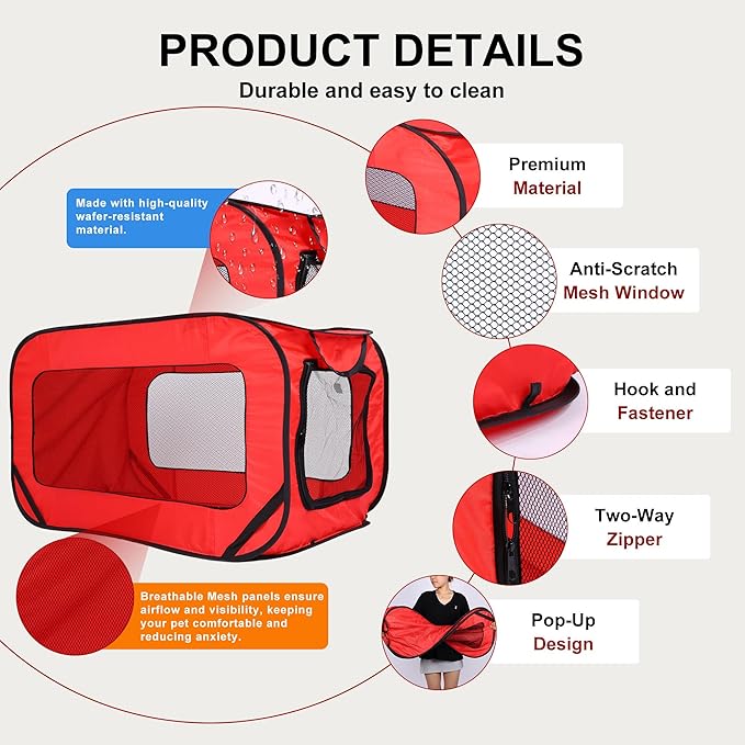 36 Inch Foldable Dog Kennel for Large Dogs, Portable Waterproof Pop-Up Pet Crate, Indoor Outdoor Travel Car Seat Kennel（Red）