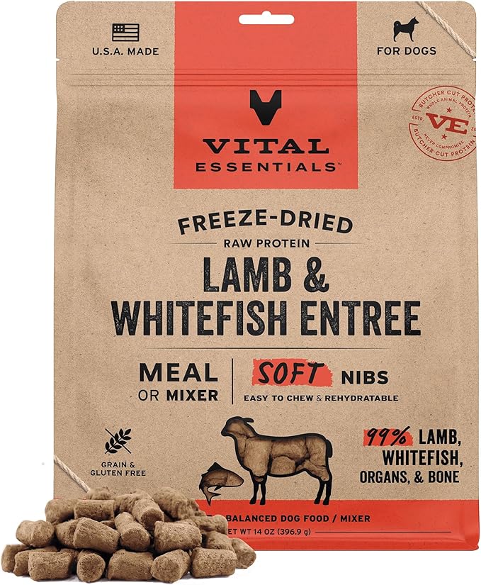 Vital Essentials Freeze Dried Dog Food, Raw Lamb & Whitefish Soft Nibs | Complete Meal or Topper | 99% Lamb, Whitefish, Organs & Bone | High Protein, Grain Free Dry Dog Food | 14 oz Bag