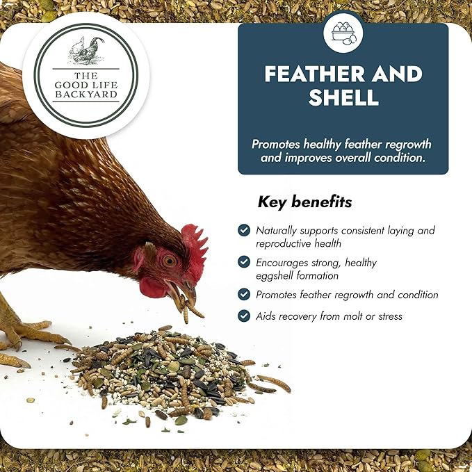 Good Life Backyard Feather and Shell for Chickens – Calcium and Protein Support Blend for Feathers and Eggshells (2 lb Pouch) | Hatching Time