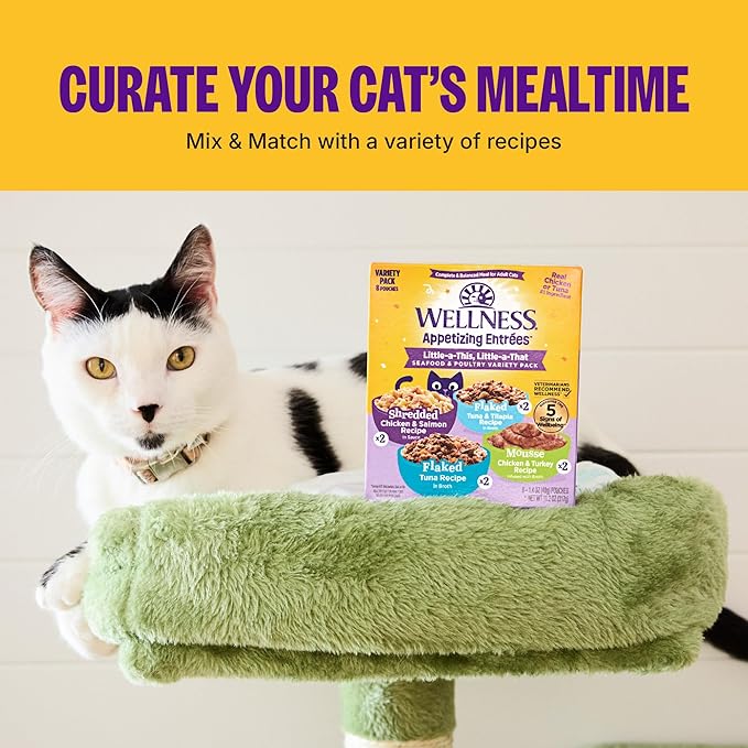 Wellness Appetizing Entrées Age Advantage Mousse Senior Wet Cat Food, Natural, Protein Rich, Grain Free, Tuna, Salmon, Cod, and Sardine Recipe, 1.4 oz, Pack of 8 Pouches