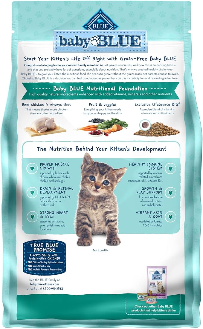 Blue Buffalo Baby Blue Natural Kitten Grain-Free Dry Cat Food, High-Protein Healthy Growth Formula with DHA, Savory Chicken, 2-lb Bag
