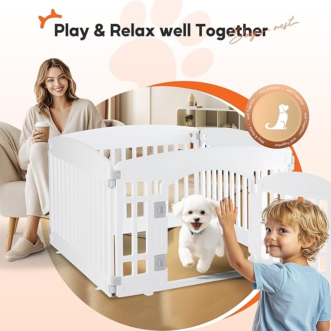 HealSmart 24 Inch 4-Panel Pet Playpen, Sturdy Dog Playpen with Safety Locking Door, Foldable & Portable Design for Puppies, Small & Medium Dogs, White