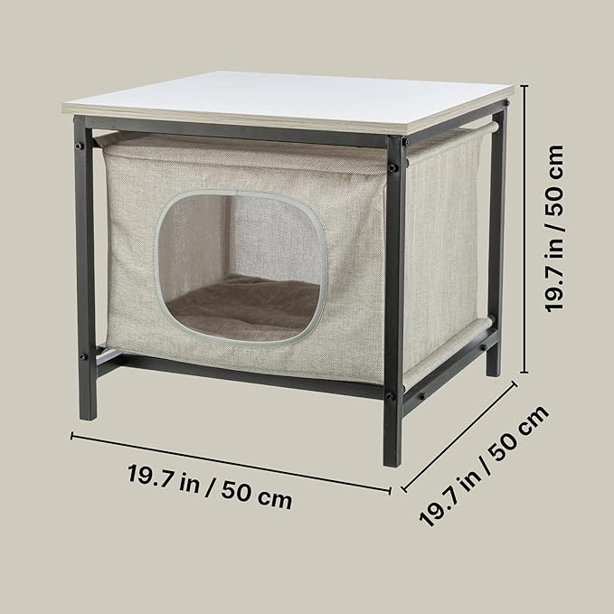 Trixie Emmie Indoor Cat Condo, Cozy Cat House with Metal Frame and Sturdy Fabric and Cozy Cushion for Extra Comfort, Classic Style Design, Greige/Gray, Use as a Table & Nightstand