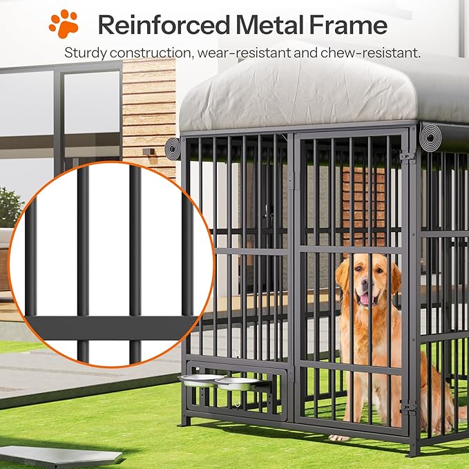 HOOBRO Dog Kennel Outdoor with Cover, 6.6 x 3.9 x 5.9 ft Dog Kennel Outside with Waterproof Roof and Rotating Feeding Bowls, Heavy-Duty Large Cage Enclosure, for Medium & Large Dogs, Black BK212GW03