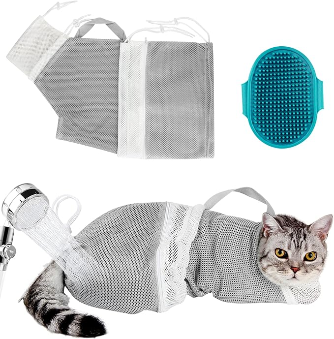 Cat Bathing Bag Adjustable Cat Grooming Net Bag Anti-bite & Anti-Scratch Cat Bath Washing Restraint Bag, Breathable Mesh Cat Grooming Bag for Shower, Nail Trimming, Injection