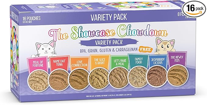 Weruva Wet Cat Food, The Showcase Chowdown Variety Pack, 5.5oz Slide N Serve Pouch, Pack of 16