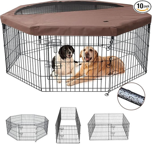 NEZUC Foldable Metal Dog Exercise Playpen Gate Fence Dog Crate 8 Panels 24 Inch Height Puppy Kennels with Top Cover/Bottom Pad for Animals Outdoor Indoor (Playpen+Top Cover, Brown, 24" H)