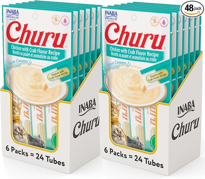 INABA Churu Cat Treats, Grain-Free, Lickable, Squeezable Creamy Purée Cat Treat/Topper with Vitamin E & Taurine, 0.5 Ounces Each Tube, 48 Tubes (4 per Pack), Chicken with Crab Recipe