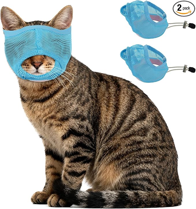 2 Pieces Soft Cat Muzzles for Grooming, Brearhable Mesh Cat Muzzle Anti Biting Chewing Anti Bite, Anti Meow, Nail Trimming & Bathing - Adjustable Pet Grooming Muzzle