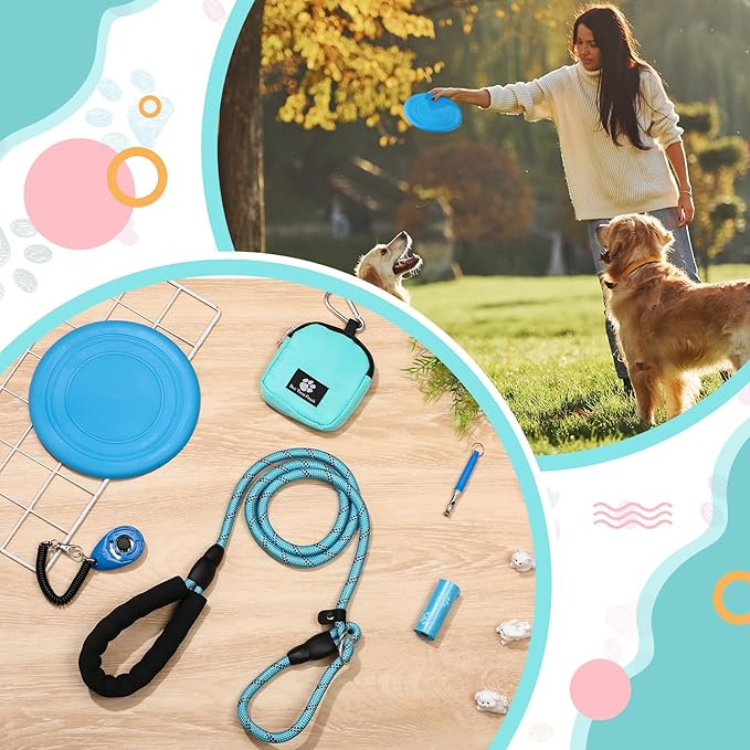 Sadnyy Dog Training Kit Treat Pouch with Clip Pet Training Clicker Silent Whistle Poop Bag 5 ft Leash Flying Disc for Puppy Dog Pet Behavior Aids Trick