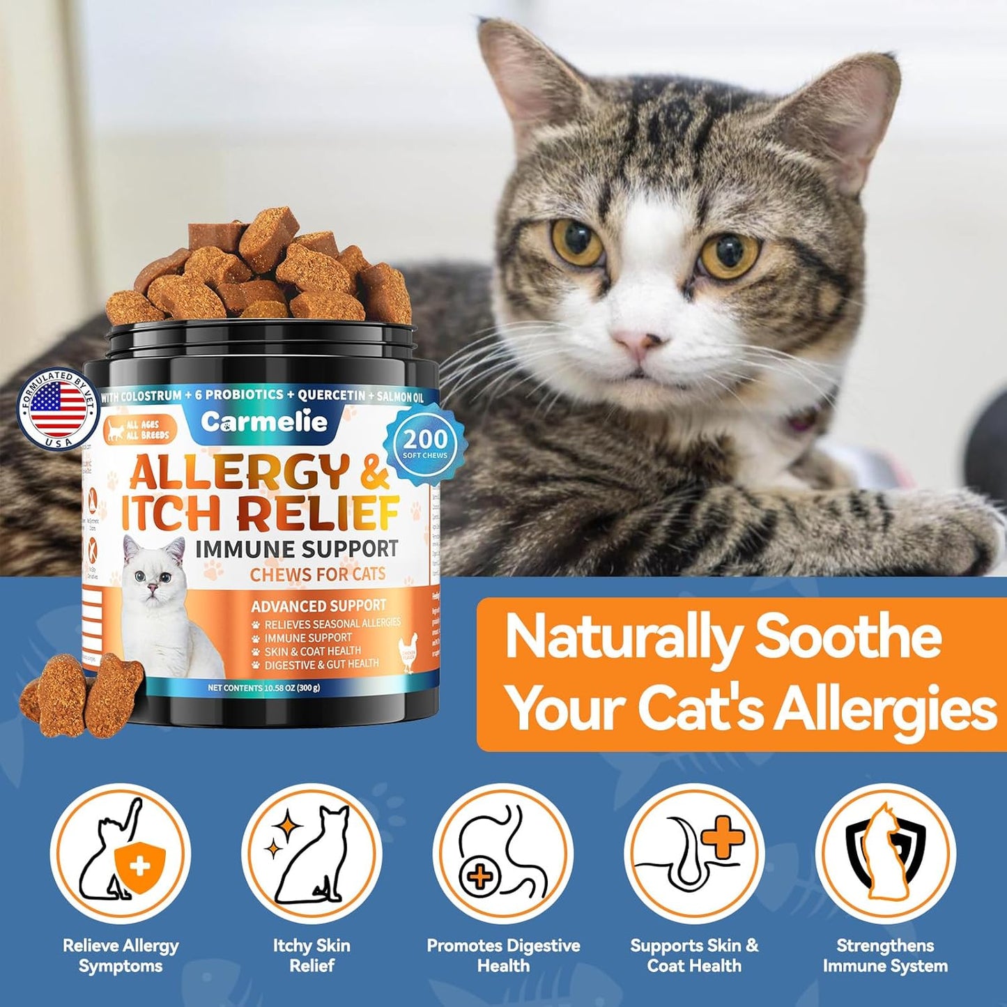 Cat Allergy Relief Chews 200 pcs - Cat Itchy Skin & Paw Licking Relief - Omega 3 & Probiotic for Cats - Anti-Itch Relief for Skin & Coat Health, Immune Support, Seasonal Allergies - Chicken Flavor