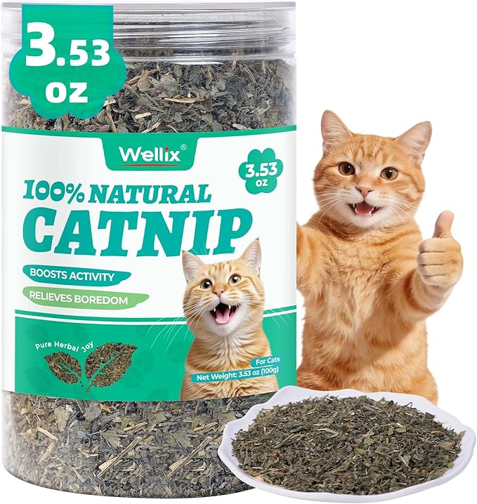 Wellix 3.53oz Fresh Catnip for Cats, Natural Dried Catnip Leaves, Flowers & Stems - Fresh Aroma, Used as Treats or Refillable Cat nip Toys, Non-addtictive, Safe for Indoor Kittens