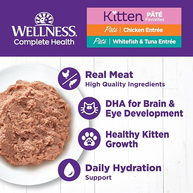 Wellness Complete Health Pate Variety Pack Kitten Canned Wet Cat Food, Natural, Protein Rich, Grain Free, Whitefish and Chicken Recipes, 3 oz, Pack of 12 Cans