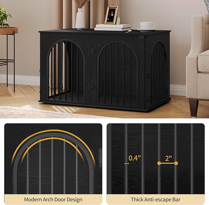 Hzuaneri 39.4" Wooden Dog Crate Furniture, Indoor Dog Kennel Dogs Cage for Small/Medium/Large Dogs, Heavy Duty Dog Crates Decorative Pet House End Side Table TV Stand, Black DFC84104B