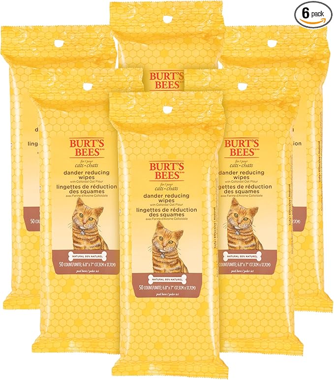 Burt's Bees for Pets Cat Dander Remover Wipes, Colloidal Oat Flour and Aloe to Soothe Dry Skin and Reduce Flaking, Unscented Grooming Cloths for Cats and Kittens, 50 Count - 6 Pack
