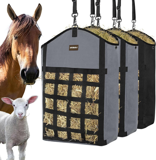 Hay Bags for Horses,3 Packs Slow Feed Hay Bags for Goats,Sheep,Donkey,Premium Oxford Hay Feed Bags with Front Hay Nets Design, Easy to Fill and Hang with Large Opening (1 Black+2Grey)