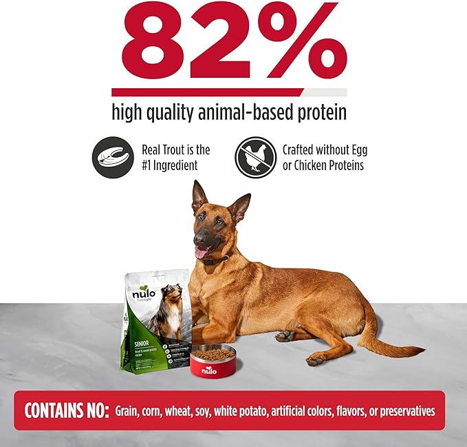 Nulo FreeStyle Senior Dry Dog Food - Trout & Sweet Potato, High Protein Grain Free Dog Food, Kibble with Probiotics, Glucosamine, Chondroitin, Hip and Joint Support, Small, Medium, Large Breeds, 26lb