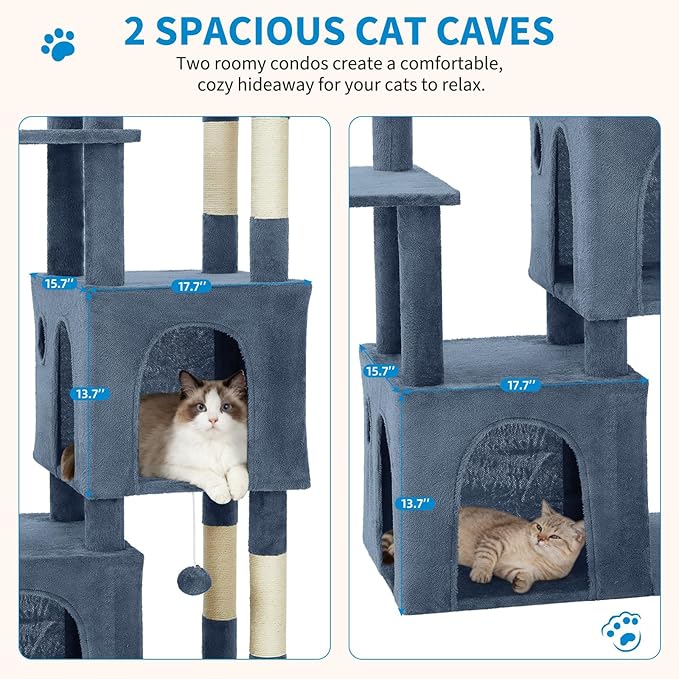 GarveeLife 61" Multi-Level Cat Tree for Indoor Cats, Heavy-Duty Tower for Large Adult & Maine Coon Cats with Oversized Perch, Dual Condos, Natural Sisal Scratching Posts & Play Toys – Light Blue