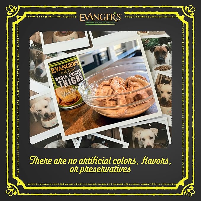 Evanger's Heritage Classics Whole Chicken Thighs Dog Food – 12 Count, 12 oz Each – Grain & Gluten Free, Single-Source Protein in Bone Broth – Protein Rotation Diet, Dry Food Topper