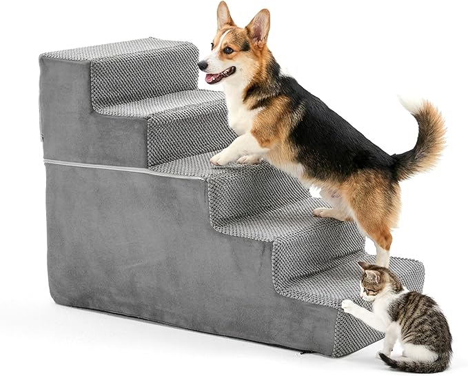 HealSmart Dog Stairs for Small Dogs, 5-Step Design Pet Steps for Puppies and Senior Cats, Versatile Indoor Pet Ramp Suitable for Sofa Couch and Chair, Non-Slip High-Density Foam Pet Ladder, Gray