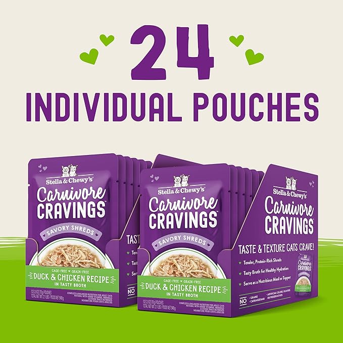 Stella & Chewy's Carnivore Cravings Wet Cat Food - Premium Pouches - Grain Free, High Protein Duck & Chicken - Perfect For Picky Eaters - Complete Meal or Topper (2.8 oz, 24 Pack)