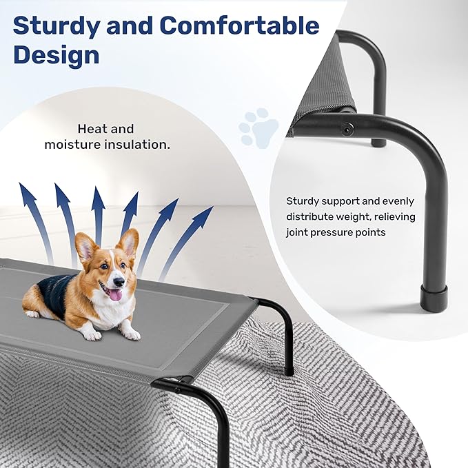 YSSOA Cooling Breathable Elevated Dog Bed, No-Slip Feet, Metal Frame, Indoor and Outdoor, Large Dogs, 60x37x9 Inch, Grey
